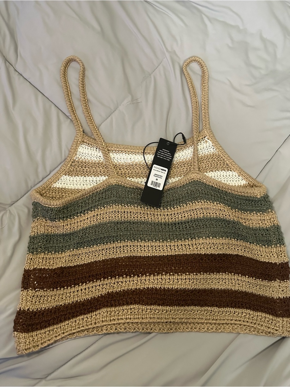 Fashion Nova Women's Striped Crochet Tank Top - Beige/White/Green/Brown - Picture 3 of 3